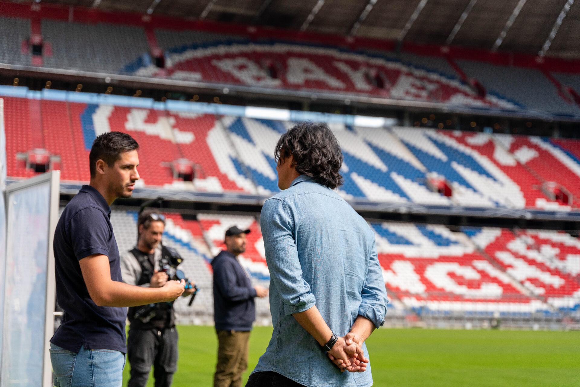 ORISONO film crew on set at FC Bayern Arena, Munich — behind the scenes of a branded entertainment production