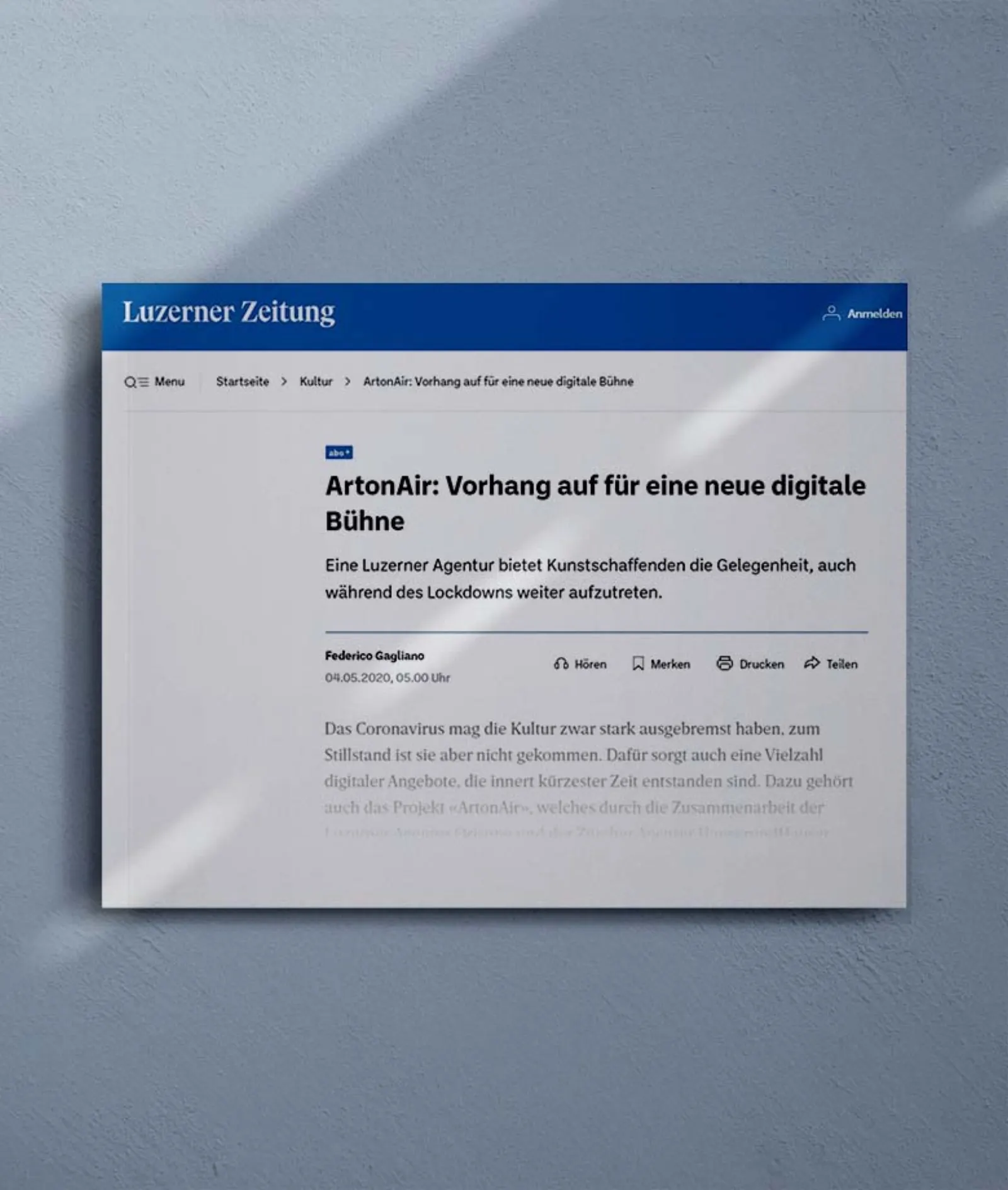 Luzerner Zeitung über die digitale Bühne ArtonAir