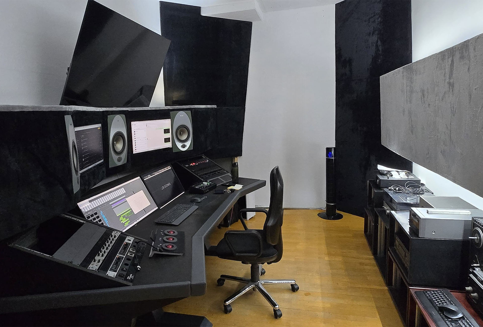 Editing room at ORISONO with multi-screen setup and ingest station
